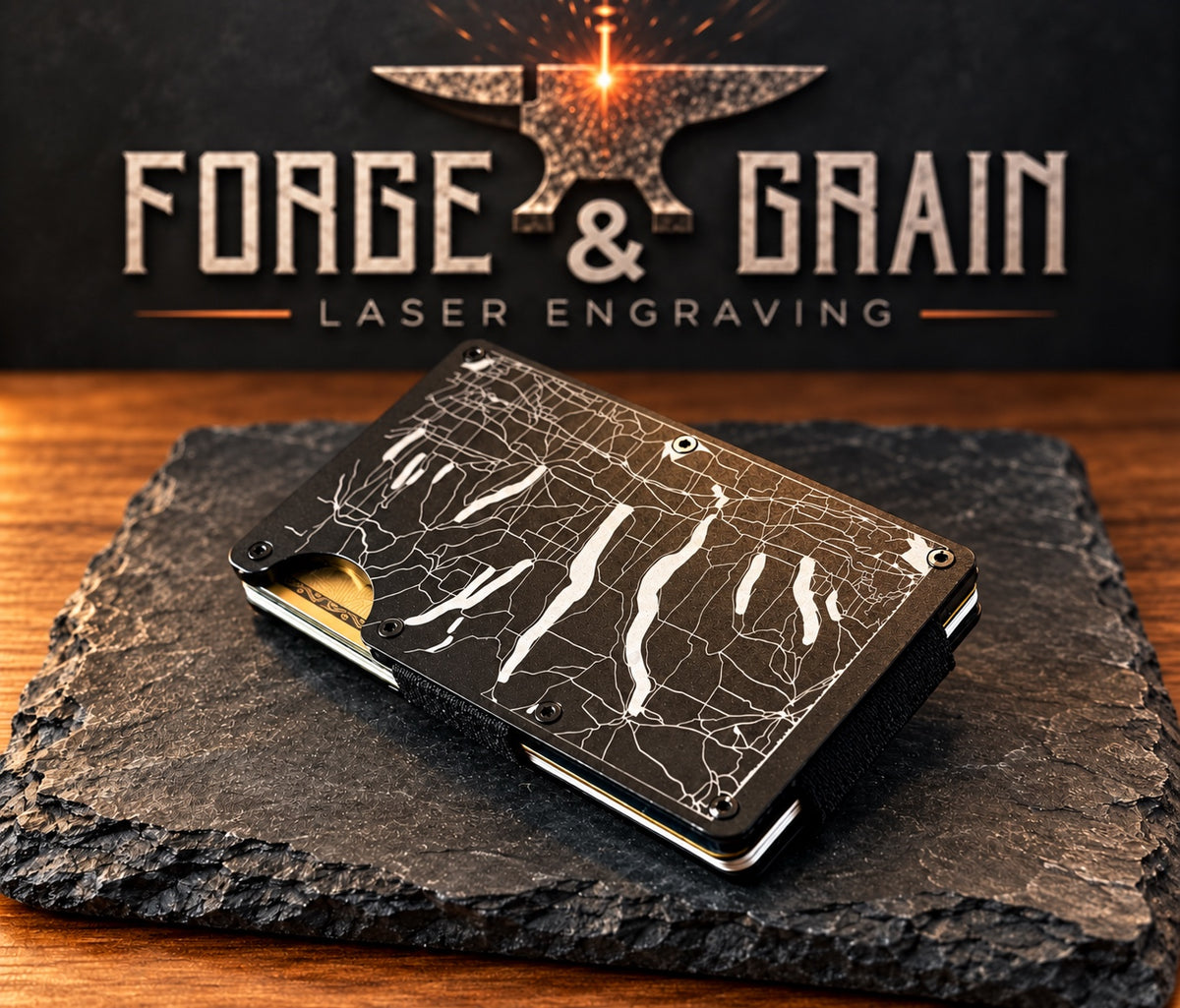 Custom engraved aluminum wallet on black slate with Forge & Grain laser engraving backdrop