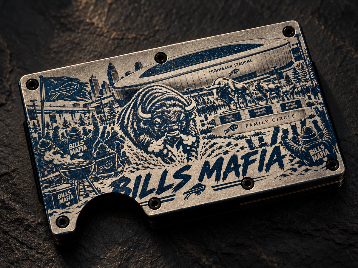 Custom engraved aluminum wallet on dark slate, Bills Mafia design