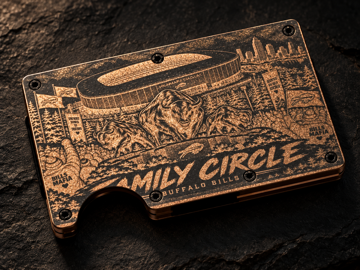 Custom engraved aluminum wallet on dark slate, bronze Family Circle design