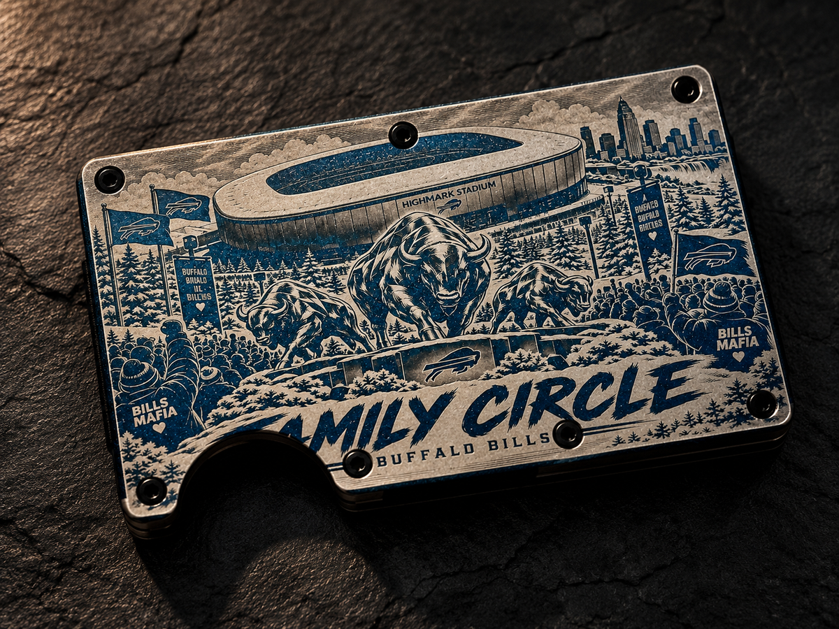 Custom engraved aluminum wallet on dark slate, Family Circle design